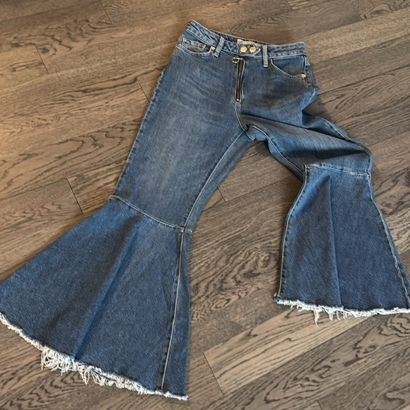 Top shop Moto Dree Flare Flare loose hem bell buttons crop jeans Sz 25 - Picture 13 of 16